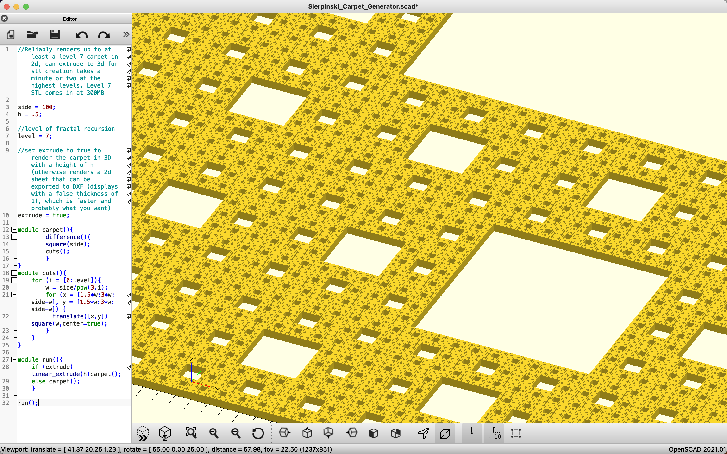 Sierpinski Carpet level 7 in openSCAD viewport